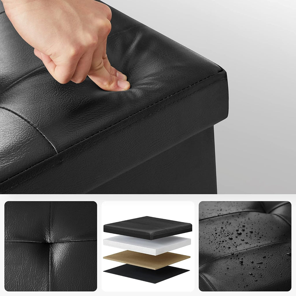 SONGMICS Taburet pliabil cu sezut moale, spatiu de depozitare 120litri, maxim 300kg, 110x38x38cm, negru