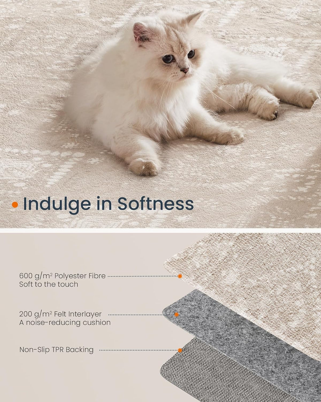 SONGMICS Covor decorativ antiderapant, stil boho, lavabil la masina, 120×170 cm, bej cappuccino