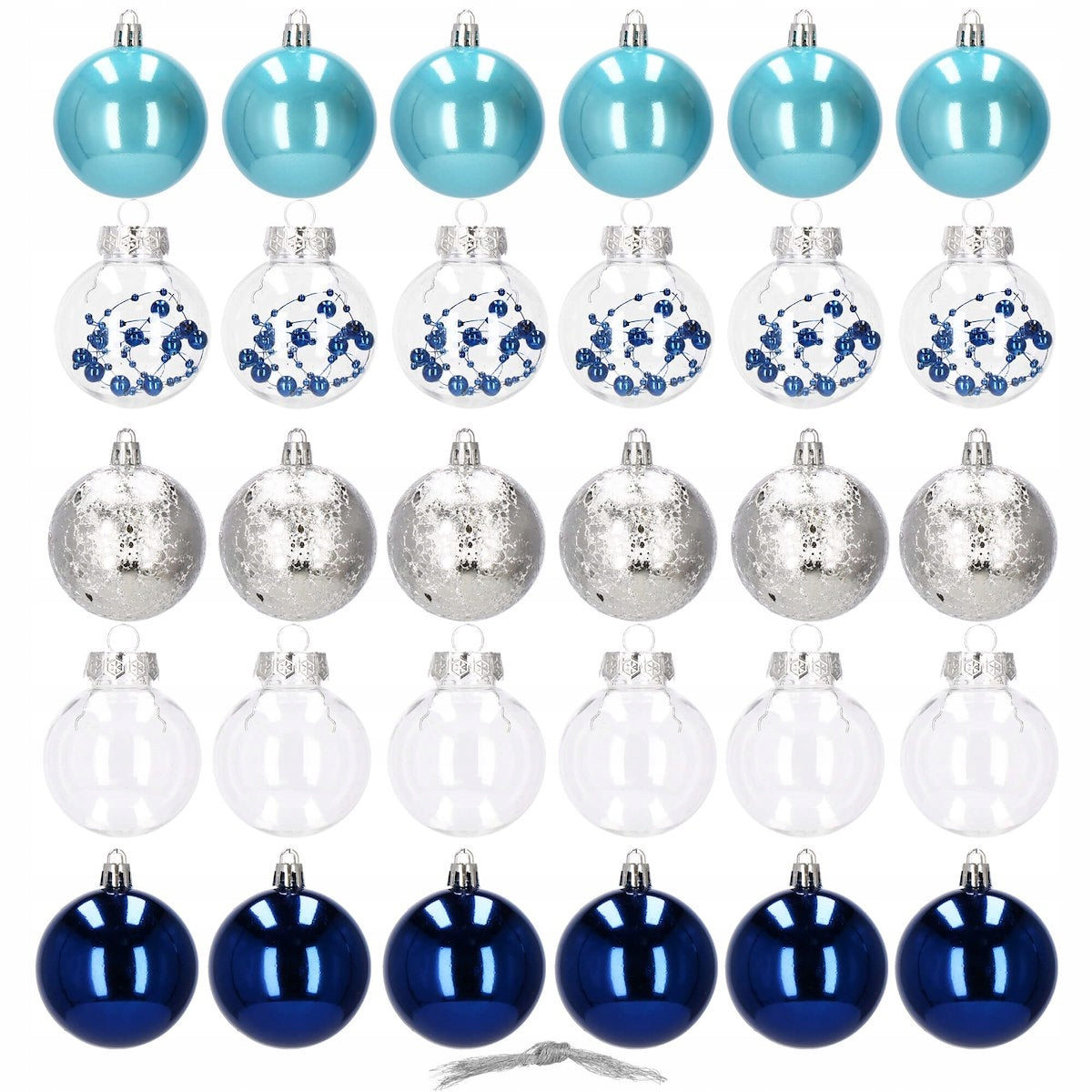 Set globuri de Craciun Inedit, 30 bucati, 6cm, transparente si albastru