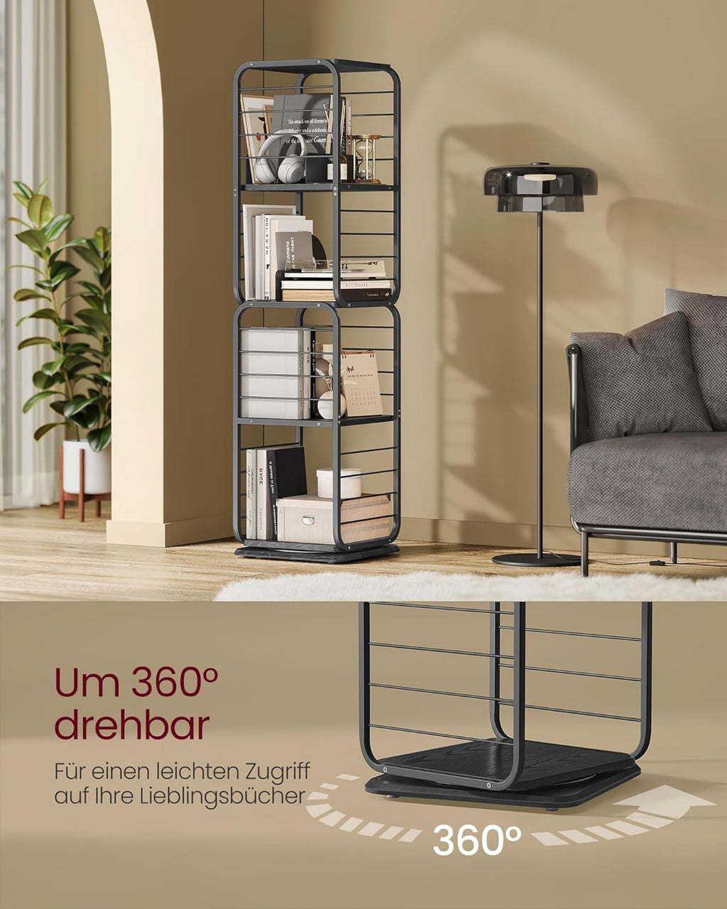 VASAGLE Biblioteca rotativa 360 grade, cadru metalic, cu 5 polite MDF, 43x43x158cm, negru