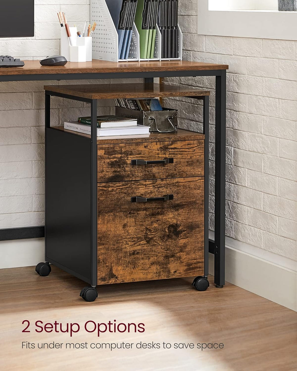 VASAGLE Dulap mobil tip rollbox pentru birouri, cu 2 sertare, stil industrial, 44x42x67cm, maro rustic