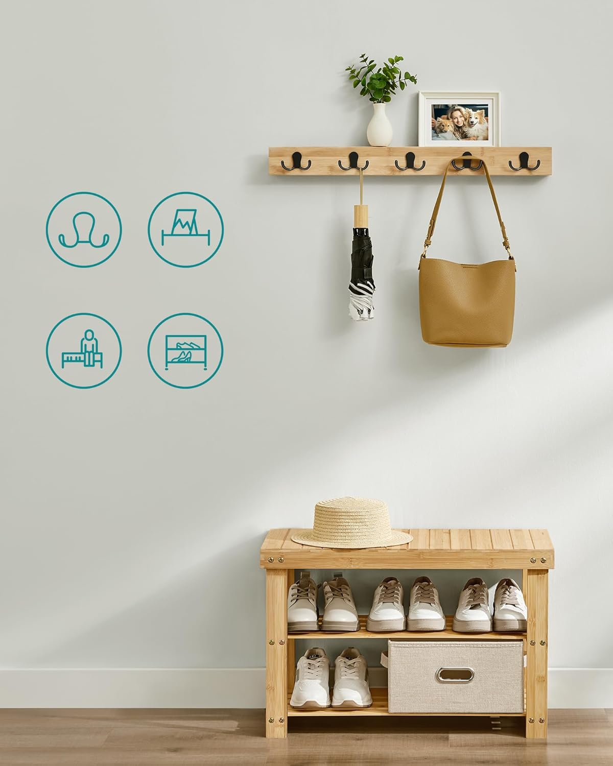 SONGMICS Set multifunctional pentru hol cu banca pentru pantofi si cuier, din bambus, 29x70x45 cm, maro natur