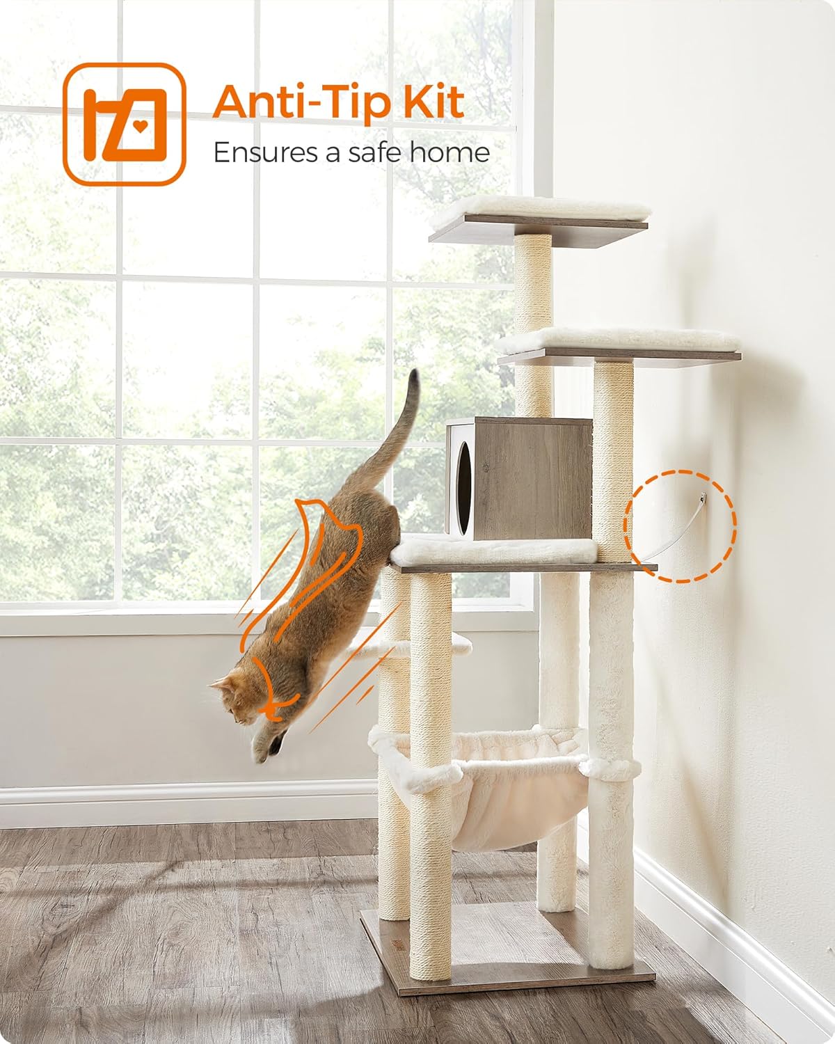 FEANDREA Ansamblu de joaca pisici, tip copac, cu culcusuri, ascunzatoare si hamac, 55x45x138 cm, alb si gri