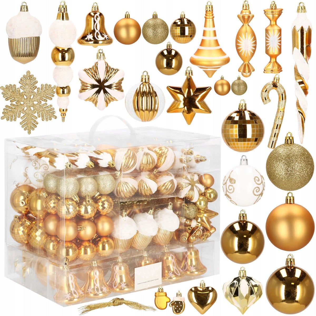 Set globuri si decoratiuni de Craciun, 155 piese, diverse dimensiuni, auriu