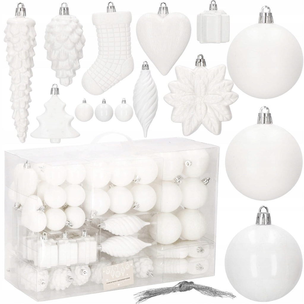 Set globuri si decoratiuni de Craciun, 72 piese, diverse dimensiuni, alb