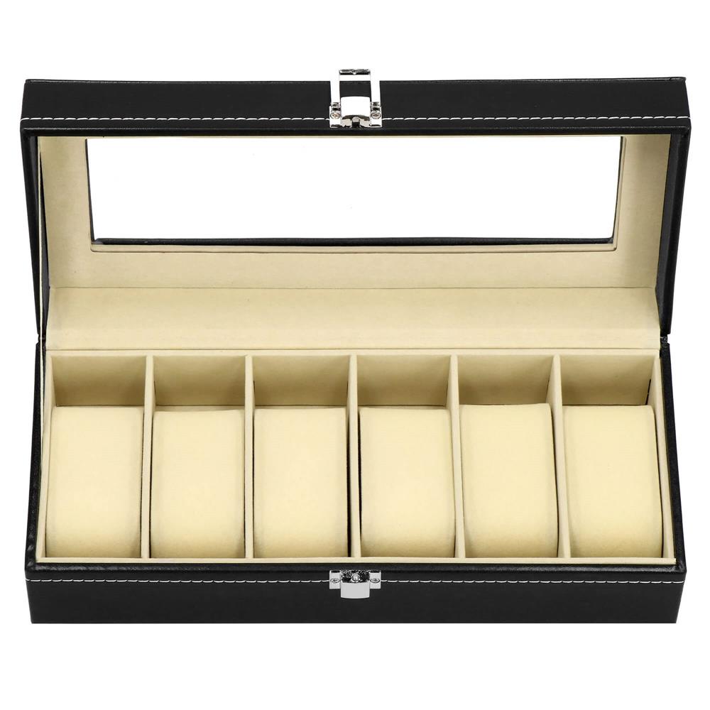 Cutie depozitare si organizare ceasuri, MDF, piele ecologica, 30x11x8cm, negru