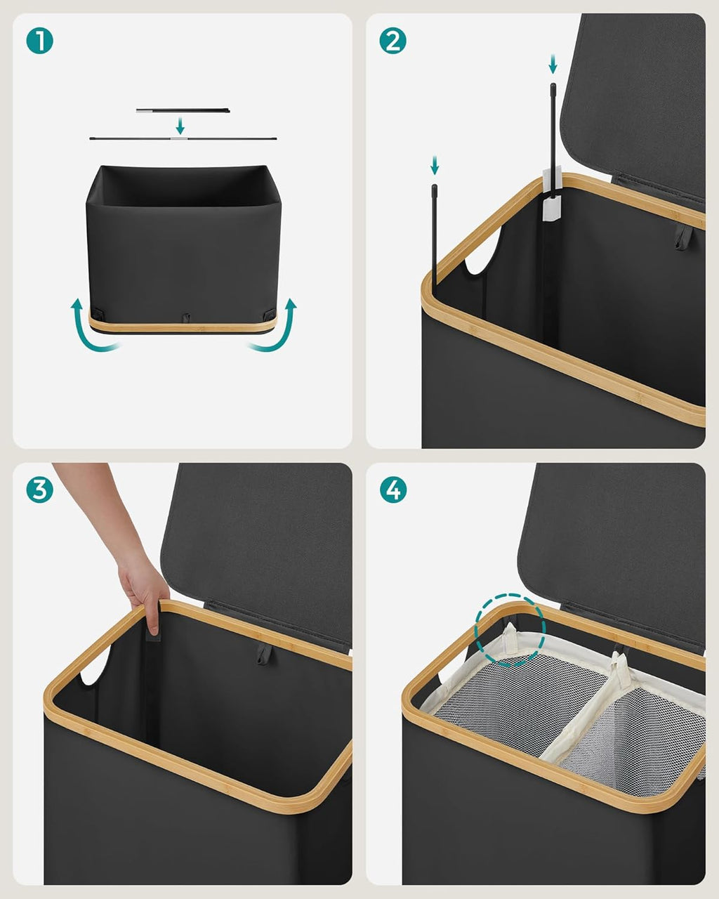 SONGMICS Cos de rufe textil, pliabil, cu 2 compartimente detasabile, 130L, 52x39x71 cm, negru