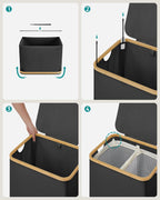 SONGMICS Cos de rufe textil, pliabil, cu 2 compartimente detasabile, 130L, 52x39x71 cm, negru