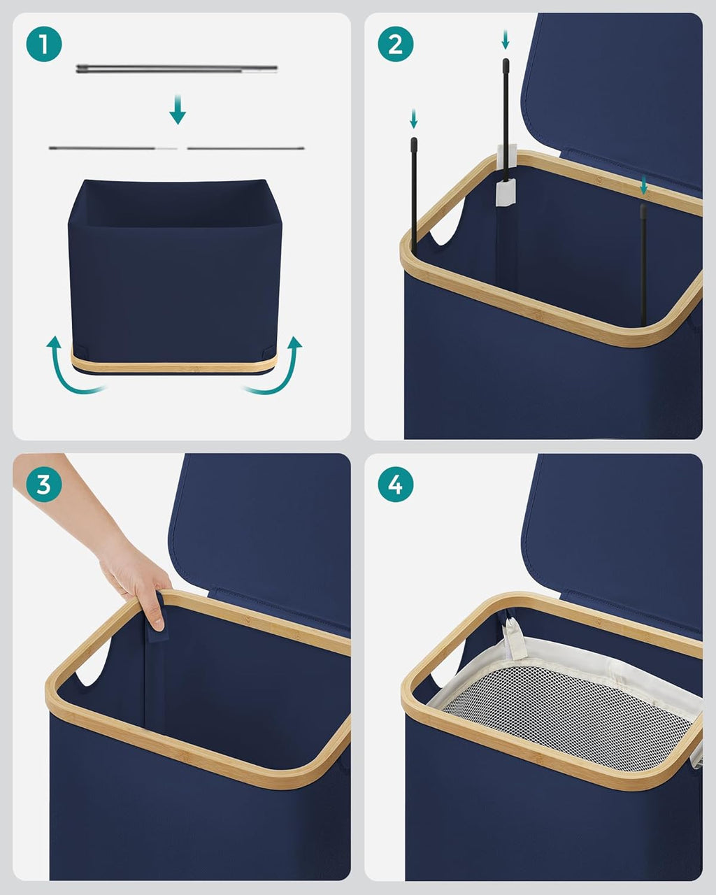 SONGMICS Cos de rufe textil, pliabil, compartiment detasabil, 90L, 42x32x71 cm, albastru