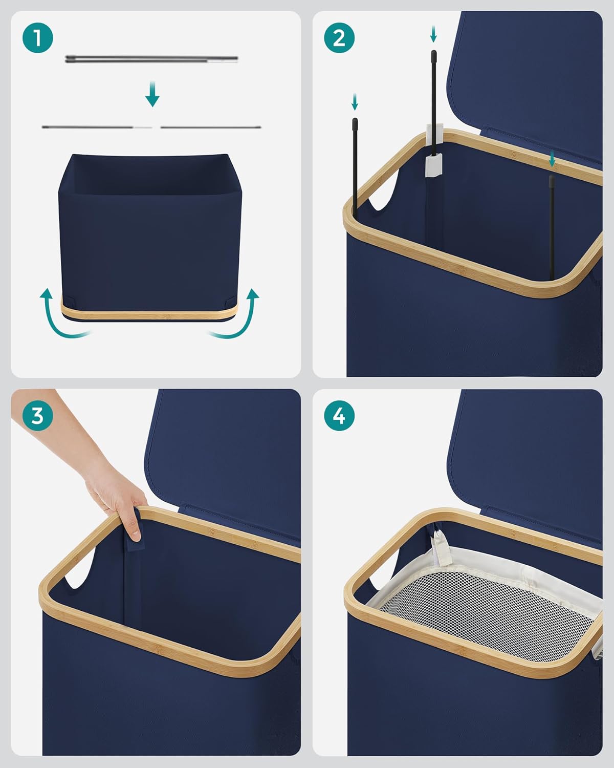 SONGMICS Cos de rufe textil, pliabil, compartiment detasabil, 90L, 42x32x71 cm, albastru