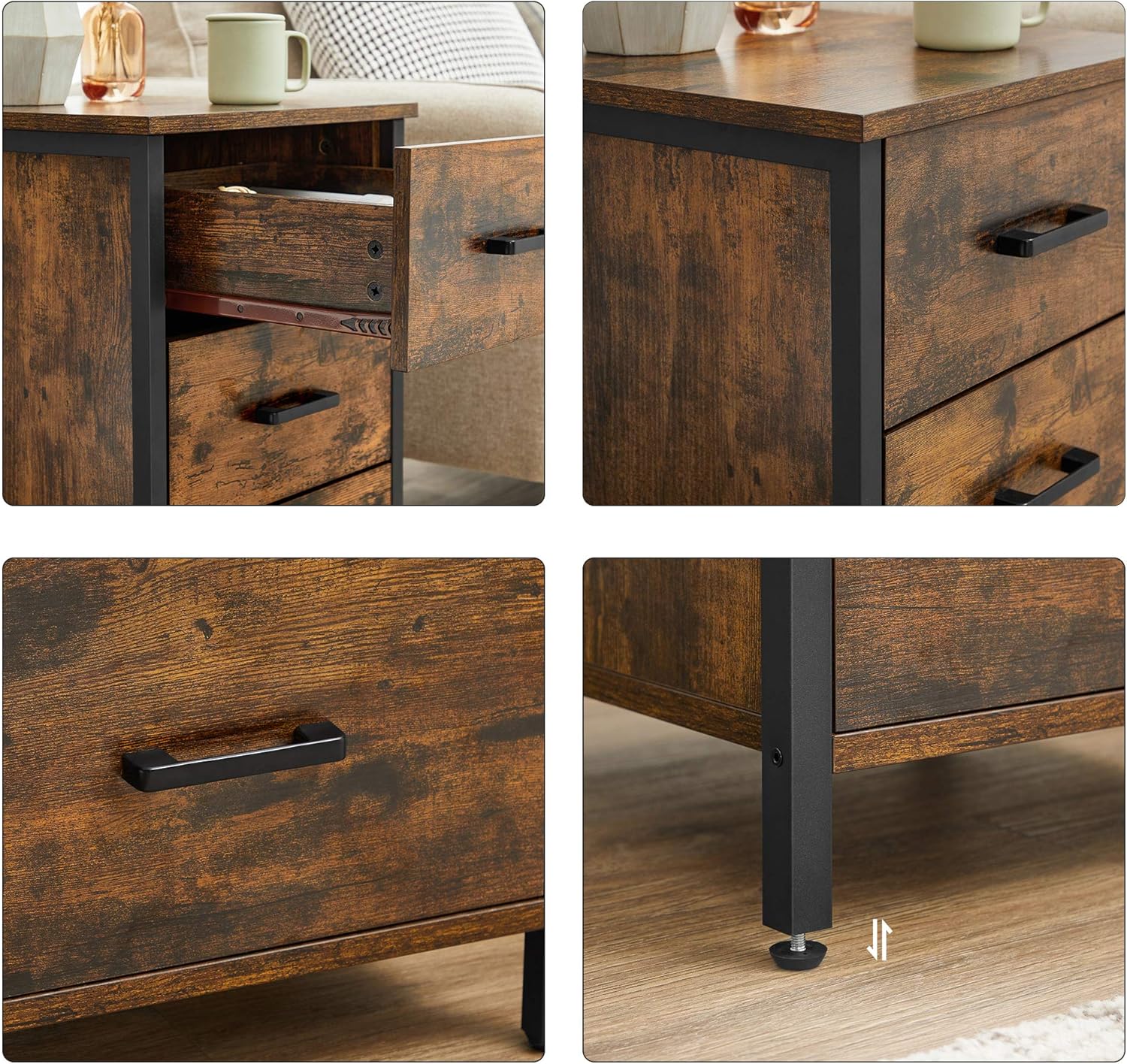 VASAGLE Noptiera cu 3 sertare pentru dormitor, design industrial, 40x40x60cm, maro rustic