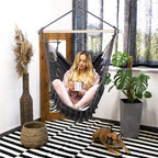 Hamac tip leagan suspendat pentru casa sau gradina, cu perne, 130x100cm, 150kg, gri inchis