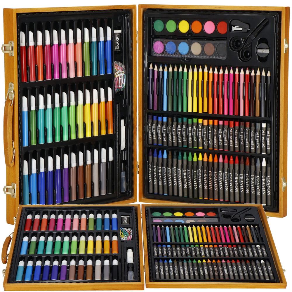 Set de pictura si desen pentru copii, 150 de piese, trusa lemn maro