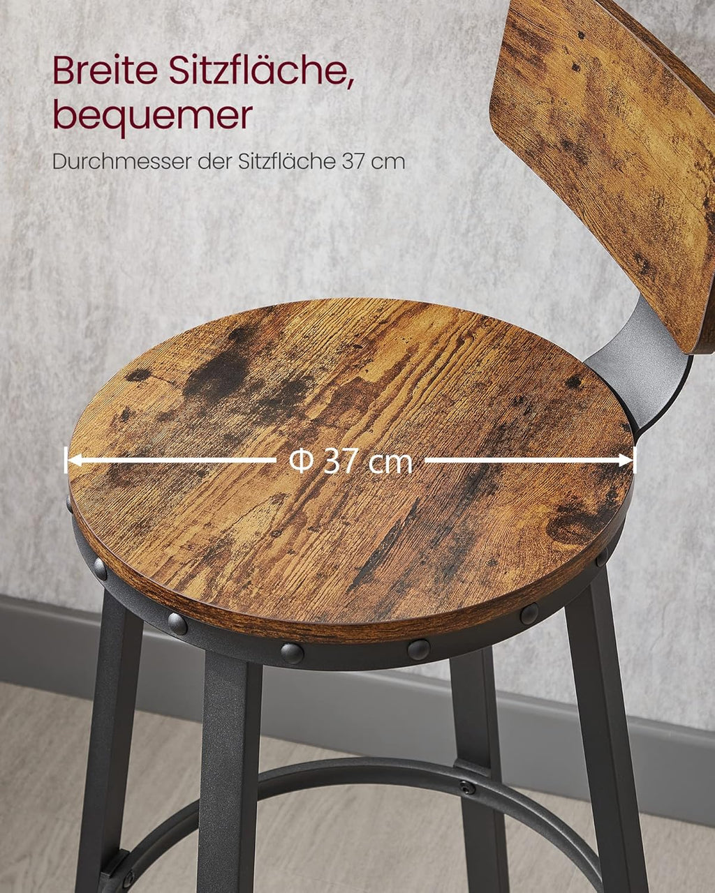 VASAGLE Set de 2 scaune de bar inalte cu spatar, cadru din otel, industrial, 51x89cm, maro rustic