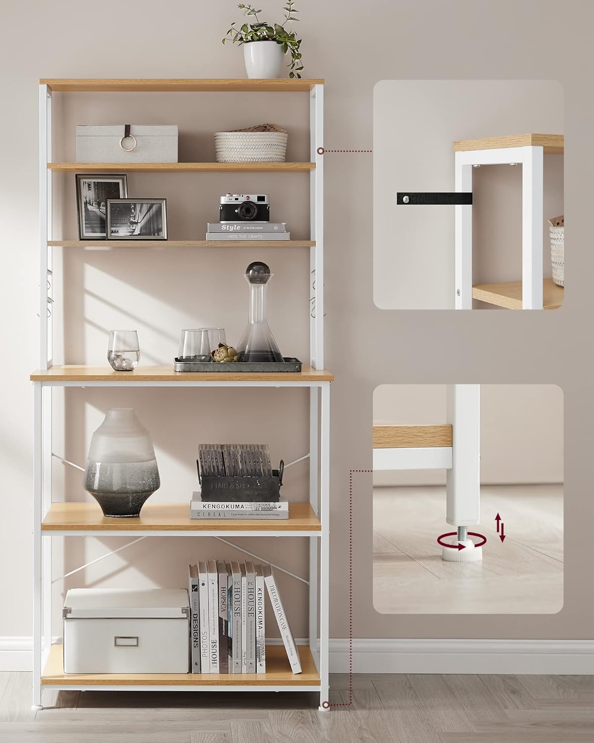 VASAGLE Raft de bucatarie cu spatiu pentru cuptorul cu microunde, 6 rafturi, otel, industrial, 40x80x167cm, maro stejar si alb