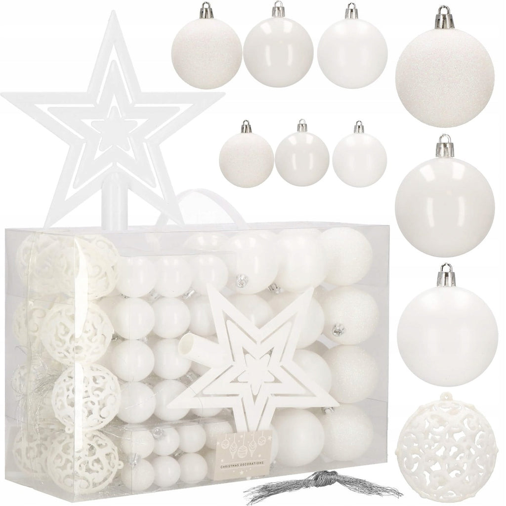 Set globuri si decoratiuni de Craciun, 100 piese, diverse dimensiuni cu stea, alb