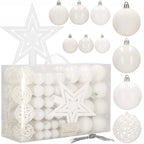 Set globuri si decoratiuni de Craciun, 100 piese, diverse dimensiuni cu stea, alb