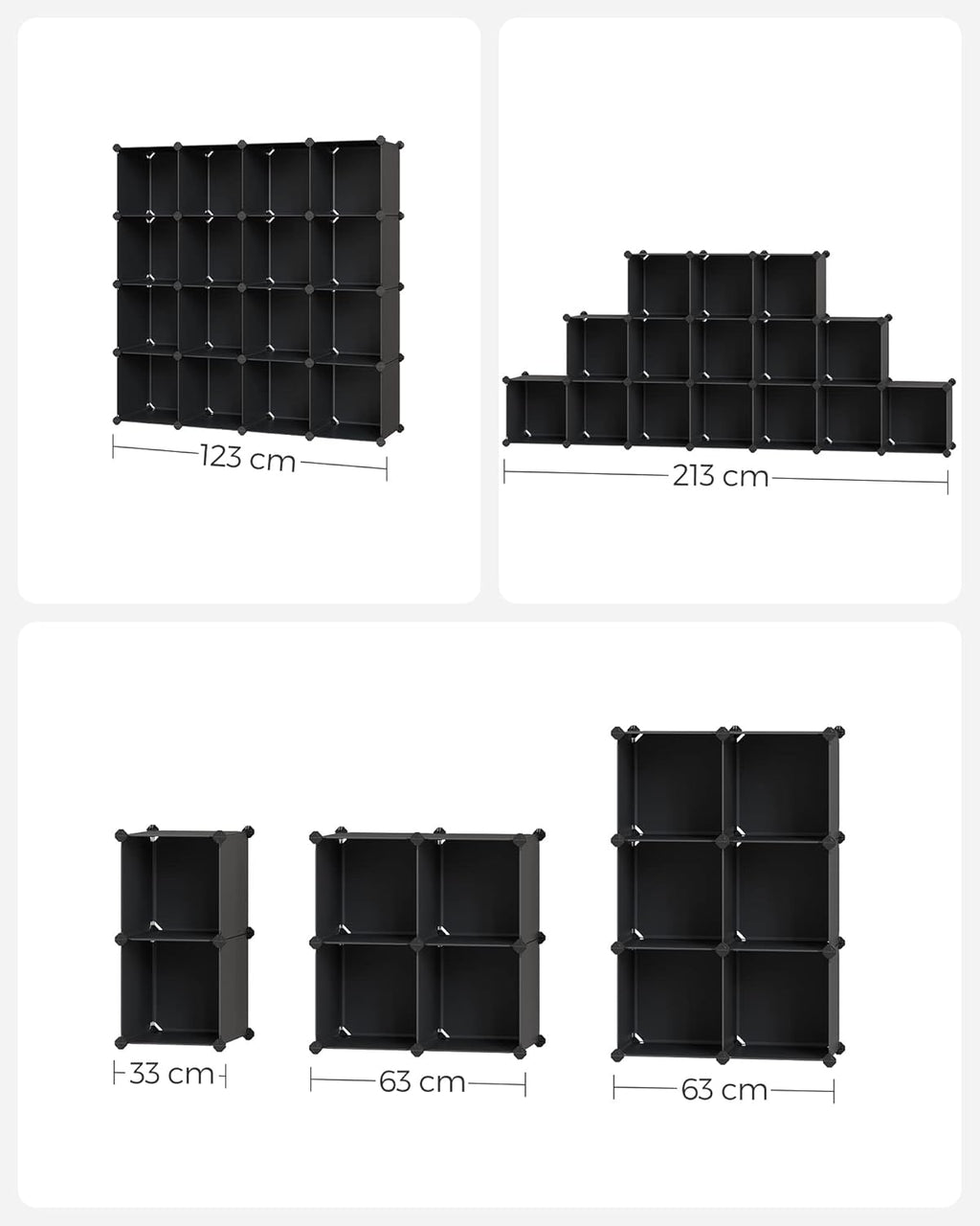 SONGMICS Unitate de depozitare cu 16 cuburi, pentru pantofi sau haine, personalizabil, 31x123x123 cm, negru