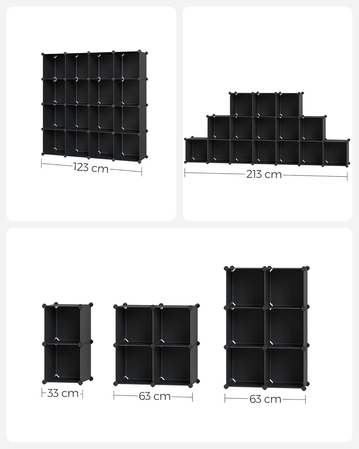 SONGMICS Unitate de depozitare cu 16 cuburi, pentru pantofi sau haine, personalizabil, 31x123x123 cm, negru