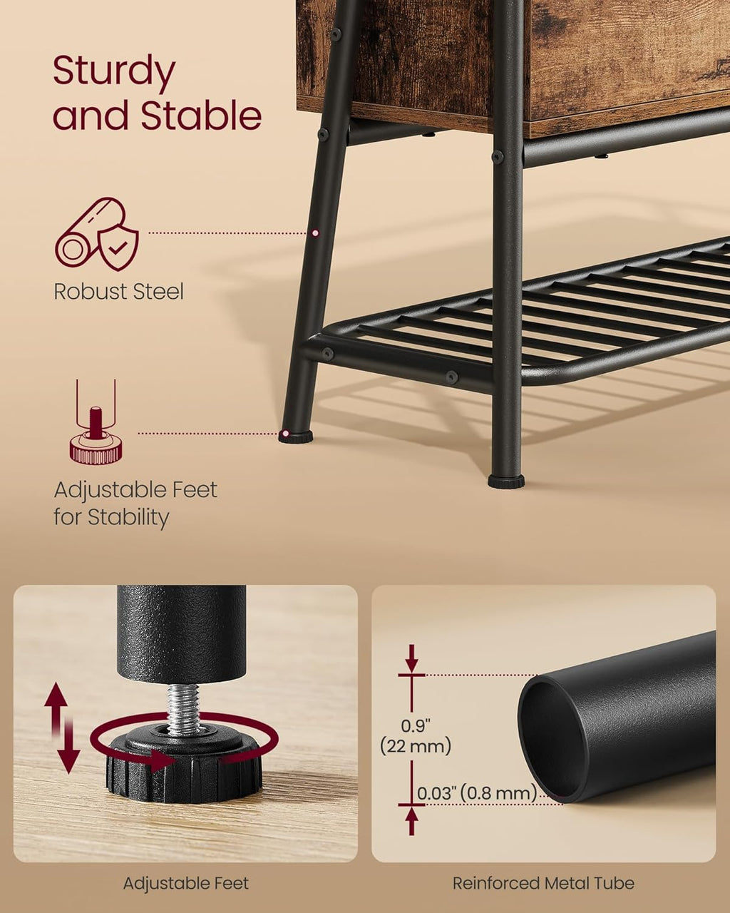 VASAGLE Pantofar cu banca de depozitare, raft si sertar, stil industrial, 30x80x64 cm, maro rustic