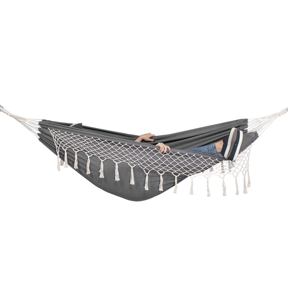 Hamac doua persoane cu franjuri si 2 perne, 200kg, 200×150 cm, gri inchis