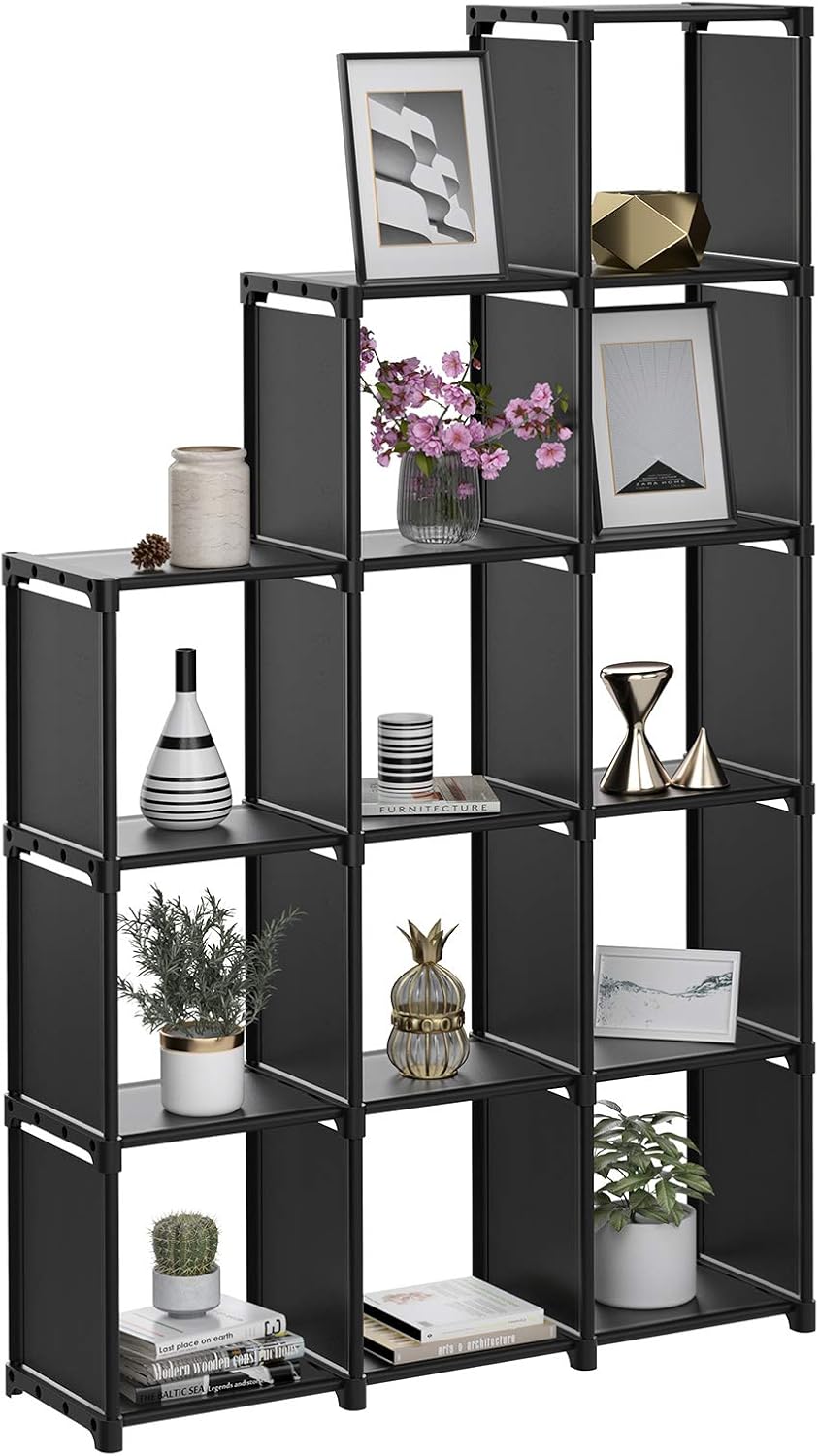 SONGMICS Raft de depozitare modular cu 12 cuburi, textil, personalizabil, 30x105x140 cm, negru