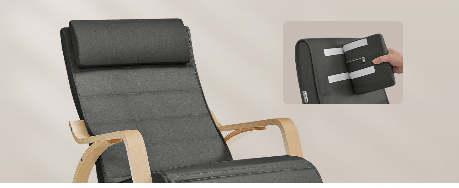 SONGMICS Scaun balansoar din lemn, suport picioare reglabil, maxim 150kg, 67x122x84 cm, gri inchis