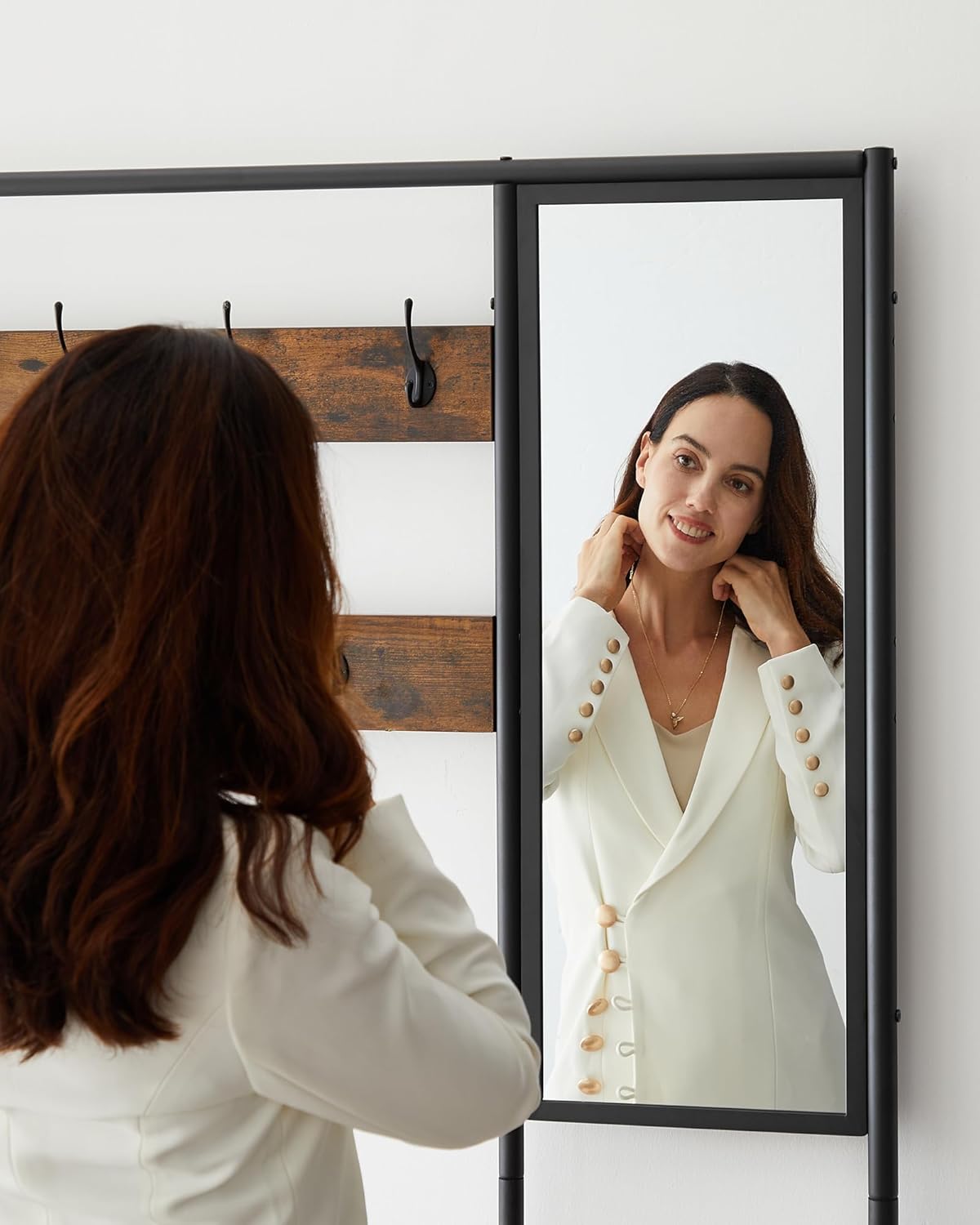 VASAGLE Cuier cu rafturi depozitare pantofi si oglinda, industrial, 35x98x180 cm, maro rustic si negru