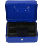 Caseta pentru bani tip cutie de valori, compartimentanta, cu cheie, metal, 20x16x9cm, albastru