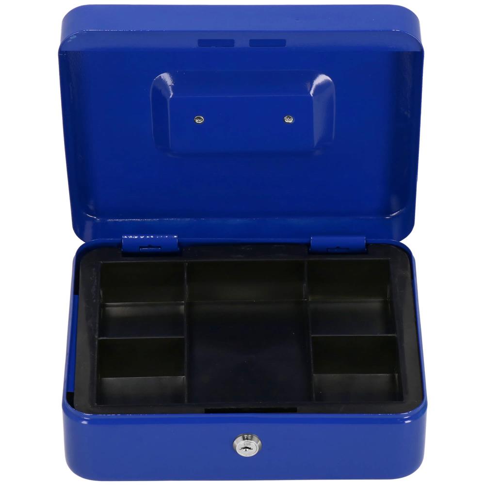 Caseta pentru bani tip cutie de valori, compartimentanta, cu cheie, metal, 25x20x9cm, albastru