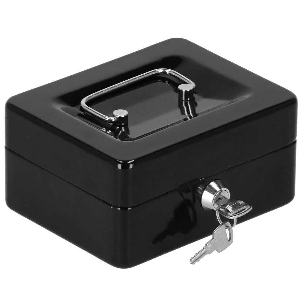 Caseta pentru bani tip cutie de valori, compartimentanta, cu cheie, metal, 15x12x8cm, negru