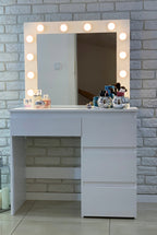 Masa de toaleta si machiaj Hollywood Pro, alba, cu 4 sertare, oglinda si 12 LED-uri, 90x40x140 cm