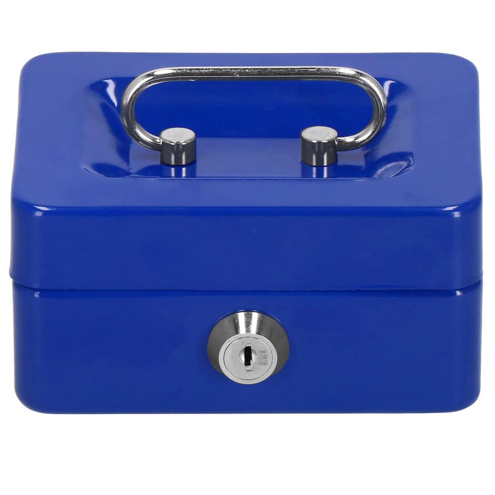 Caseta pentru bani tip cutie de valori, compartimentanta, cu cheie, metal, 12.5x9.5x6.5cm, albastru