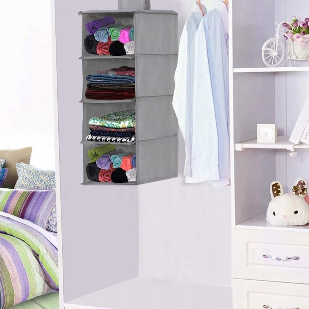 Organizator dulap , 4 compartimente, textil, 80cm, gri