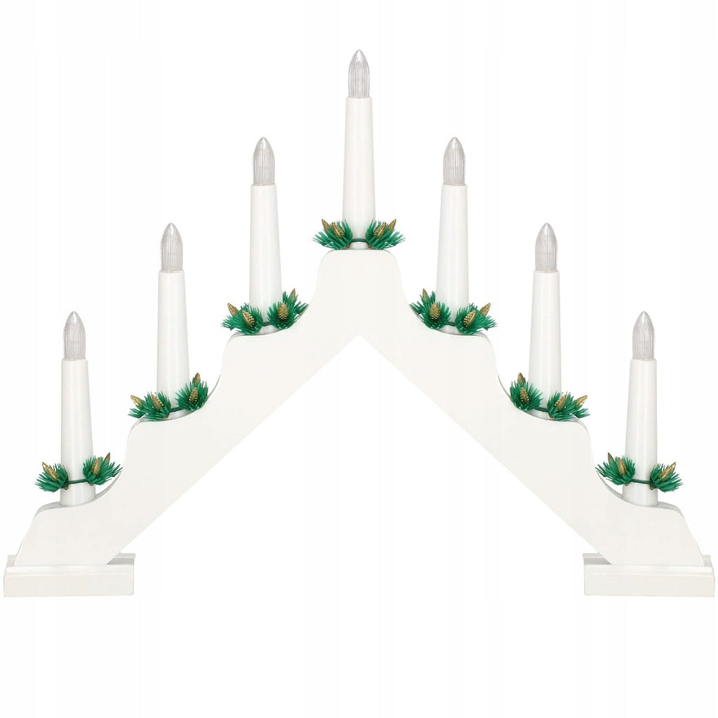Lumanari decorative de Craciun, stand de lemn, 7 becuri tip LED, culoare alba