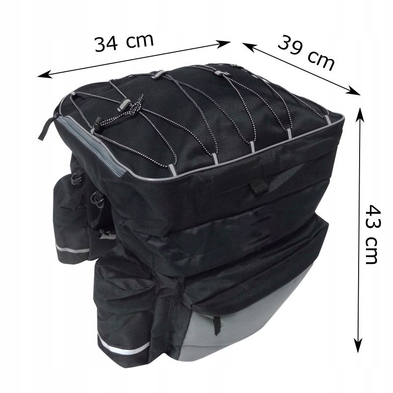 Geanta portbagaj bicicleta dubla, 8 buzunare laterale, 39x34x43cm, negru cu elemente reflectorizante gri, protectie impermeabila