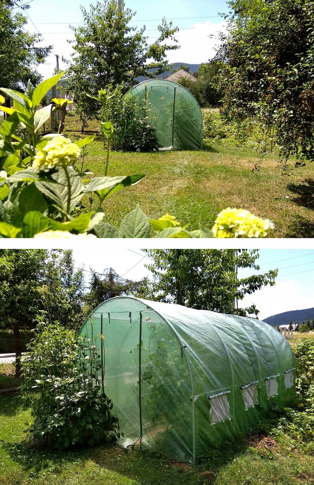 Sera de gradina, tip tunel cu cadru metalic, 250x400cm, 10mp, fereastra suplimentara spate