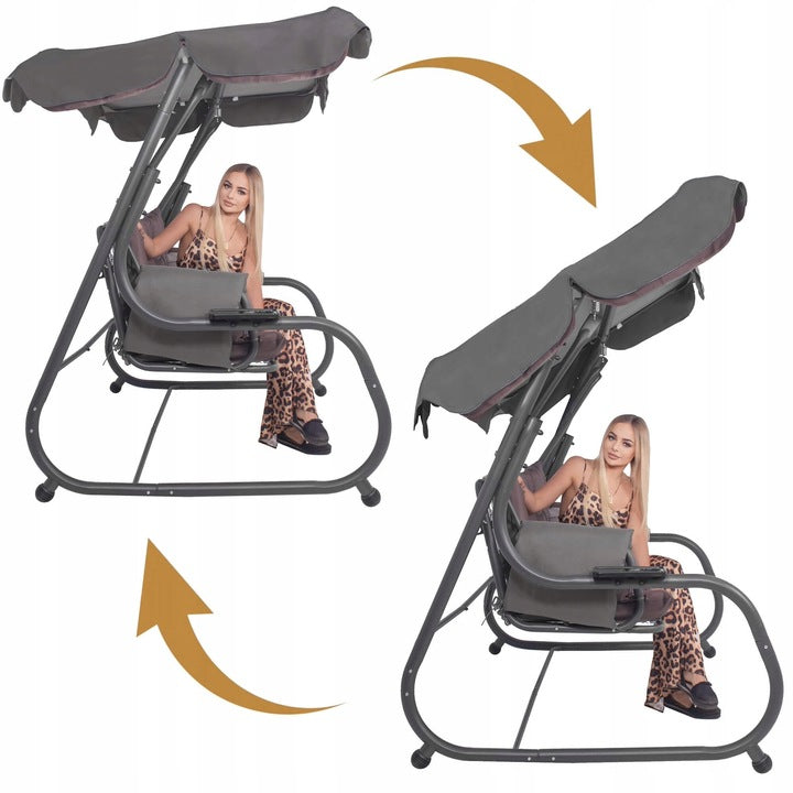 Balansoar gradina 226x126x192 cm, 3 in 1 leagan, pat si relaxare, cu plasa anti-insecte, copertina reglabila, saltea si perne incluse, gri si maro