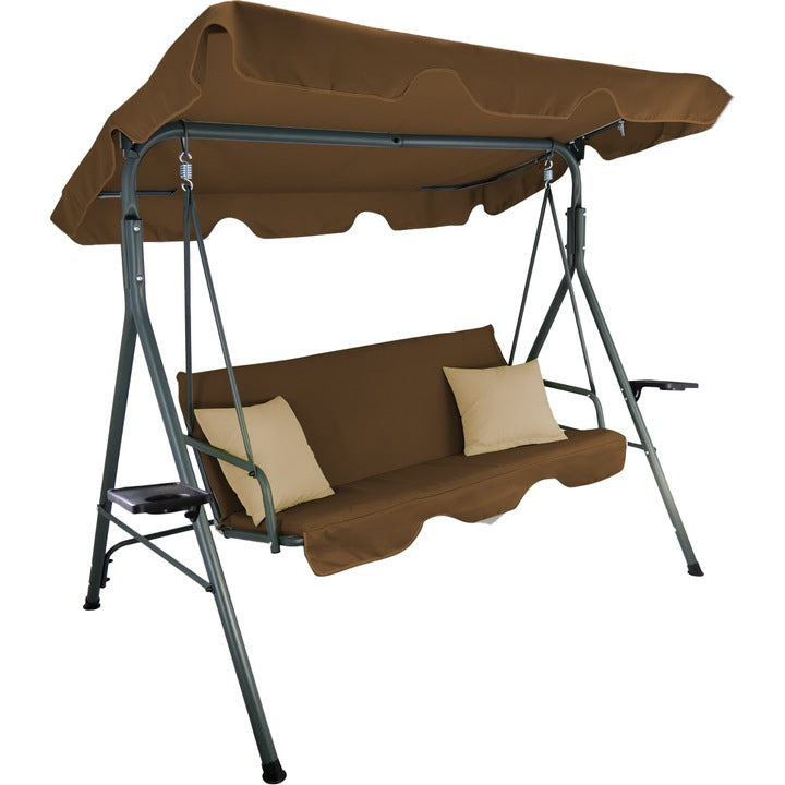 Leagan gradina 3 locuri 170x118x153 cm, cu perne, baldachin reglabil si masute laterale, structura otel, maro