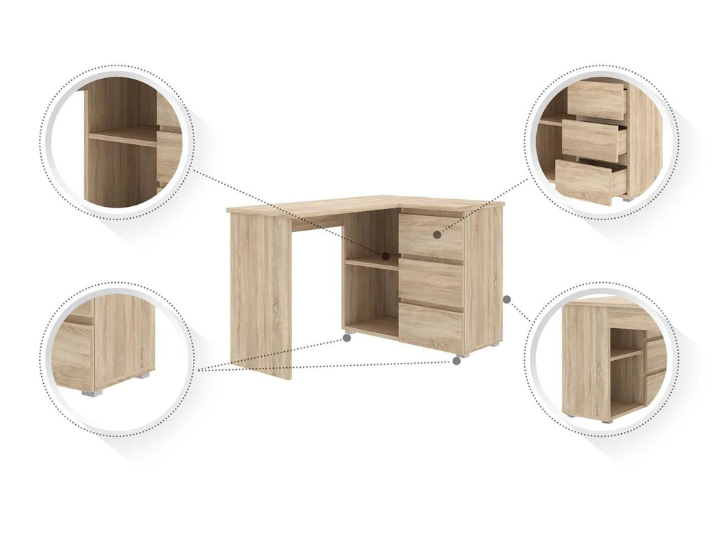 Birou colt Norge cu 3 sertare si 2 rafturi, 124x89x75 cm, stejar