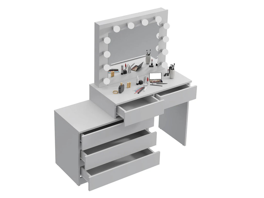 Masa de toaleta si machiaj colt Carla cu oglinda 12 LED si comoda 5 sertare, montaj stanga/dreapta, alb