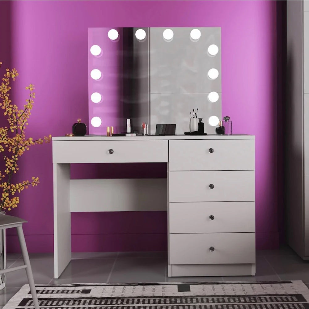 Masa de toaleta si machiaj Cristal Full cu oglinda LED si 5 sertare, 110x47x77 cm, alb