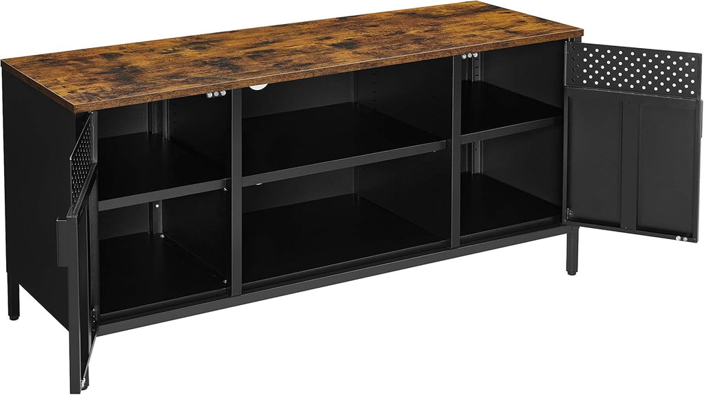 SONGMICS Comoda TV 120x40x55 cm, 3 rafturi reglabile, 2 usi, stil vintage, PAL si otel, maro-negru mat