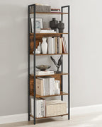 VASAGLE Biblioteca 60x24x186 cm, 6 rafturi, stil industrial, PAL si otel, maro rustic-negru