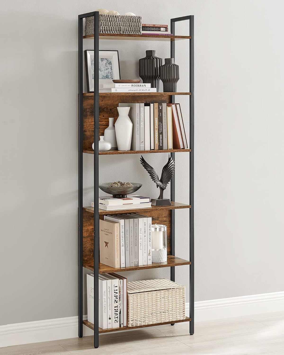 VASAGLE Biblioteca 60x24x186 cm, 6 rafturi, stil industrial, PAL si otel, maro rustic-negru