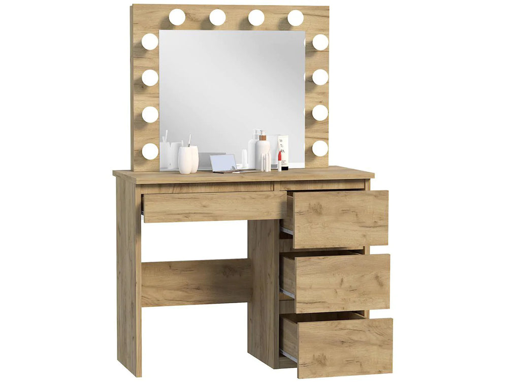 Masa de toaleta si machiaj Hollywood cu oglinda LED si 4 sertare, 94x43x140 cm, craft