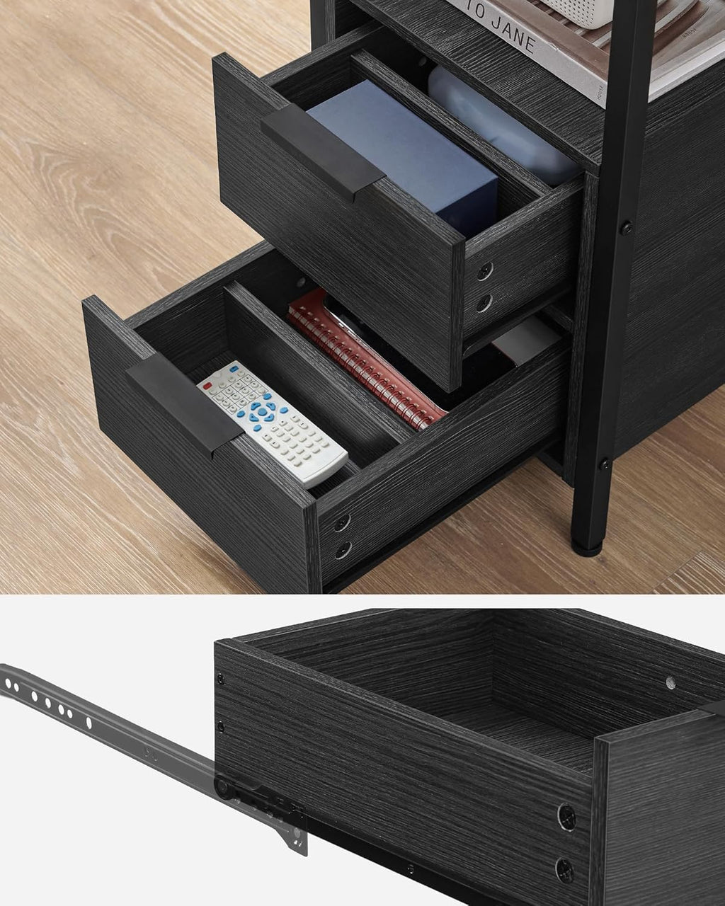 VASAGLE Noptiera 60x35x61 cm, cu 2 sertare, rafturi si priza incorporata, PAL si otel, gri antracit si negru