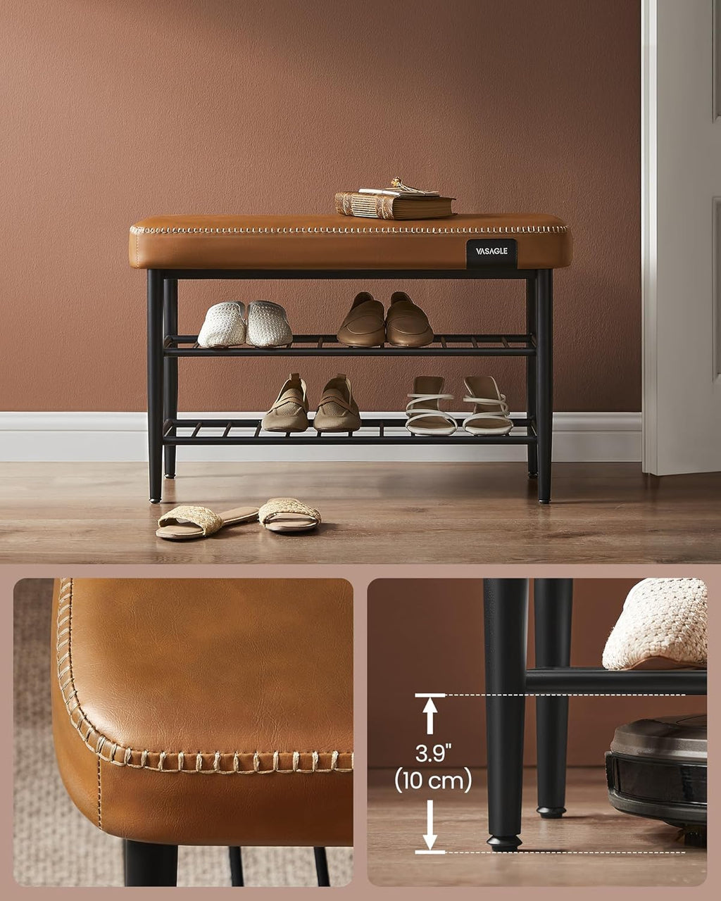 VASAGLE Banca pantofi 80x30x50 cm, cu rafturi si sezut tapitat, otel si piele PU, maro caramel