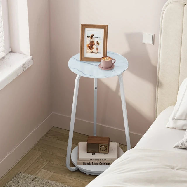 VASAGLE Masuta rotunda tip noptiera, blat din sticla si raft inferior din PAL, cadru metalic, 30x30x55 cm, alb