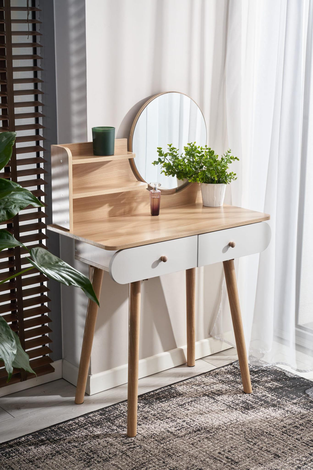 Masa de toaleta si machiaj Ravena, alb fag, cu 2 sertare, oglinda, 80x40x122 cm